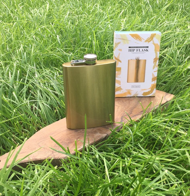 Metallic Gold Effect Hip Flask and packaging image. perfect for picnics outdoors fun