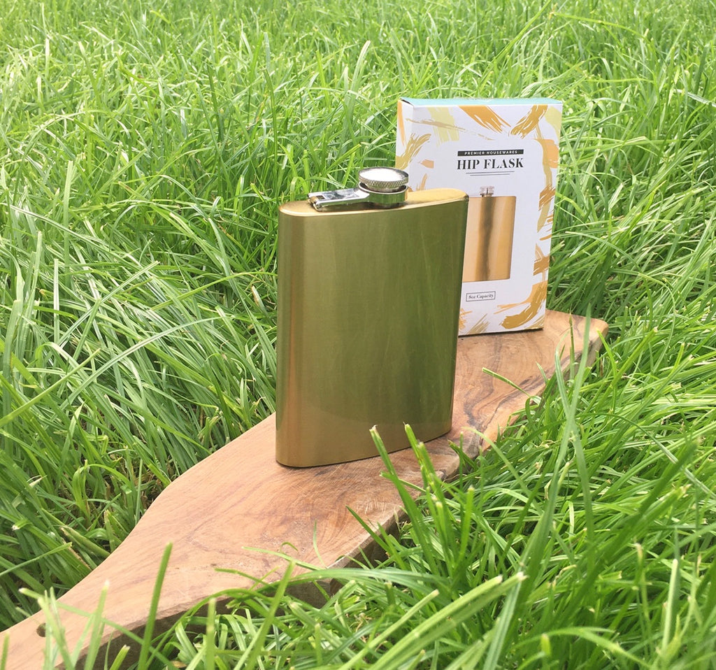 Metallic Gold Effect Hip Flask and packaging image. perfect for picnics outdoors fun. Christmas Gifts for Men