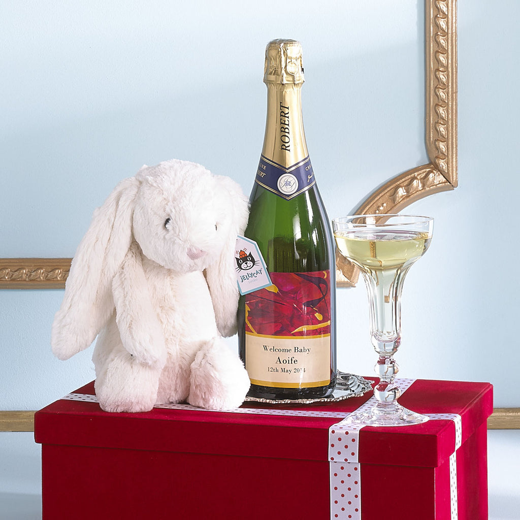 Personalised Champagne & Jelly Cats Gift Box. Celebrate new family. Personalised Baby Gifts 