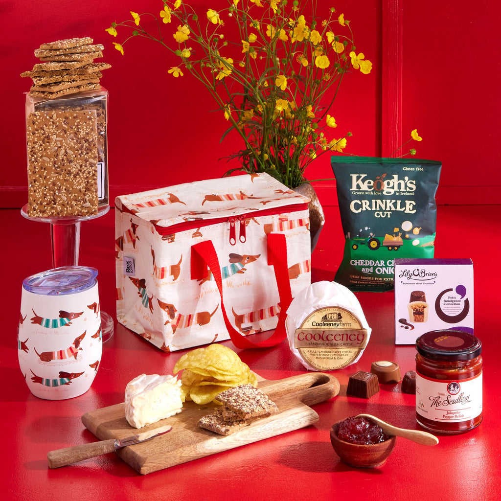 Fun gift, corporate gift, hybrid work gift, lunch bag and mug set, cheese & Crackers gift, food gift under €40, sweet and savoury gift, gift for her, gift for him, birthday gift, dog lover gift