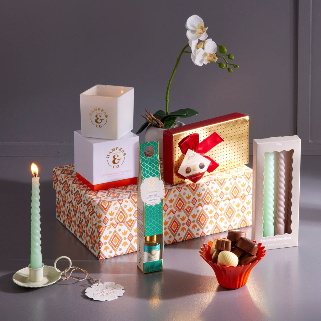 new home gift, off to college gift, relaxation gift, fragrance, candle and diffuser, ayurveda diffuser, mint green and taupe candles, candlestick holder, chocolates, gift box, birthday gift gift for her, corporate gifting, soy wax candle, elegant gift