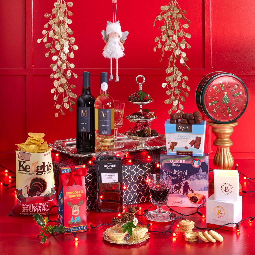 Merry Christmas Hamper, Christmas hampers with Wine, corporate christmas gifts, gifts delivered, gift for her, gift for him, festive giftbox, festive hampers, wine and chocolates gifts, irish gourmet food gift