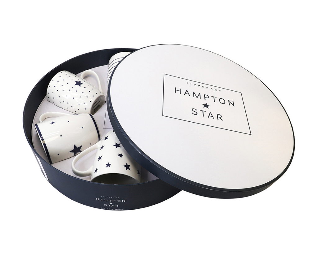  Stylish ceramic mug set with navy star and stripe patterns by Tipperary Crystal – perfect birthday, holiday, or corporate gift idea.