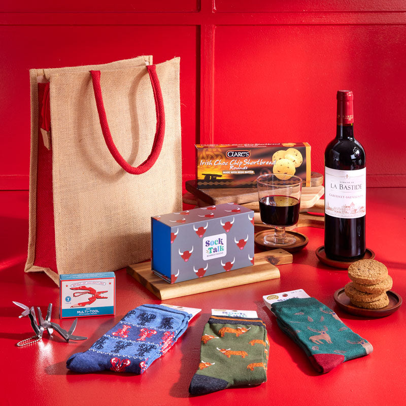 wine gift, gift for Dad, gift for him, DIY tool gift, socks for him, Sock Talk, Wine and biscuits, thank you gift, retirement gift, congratulations gift, socks and wine gift, sustainable gift packaging