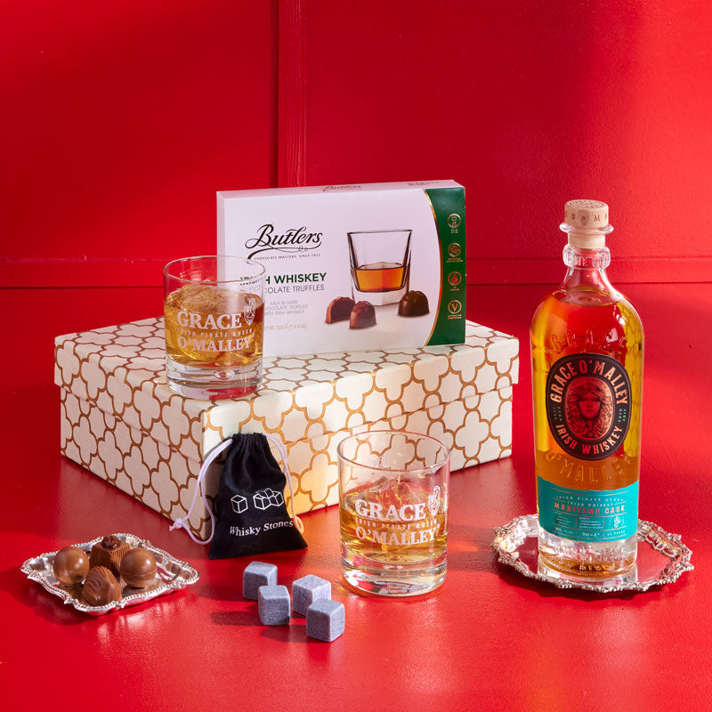 Irish Whiskey Gift, Grace O'Malley Maritime Cask Whiskey 70cl,  Butlers Chocolates, Whiskey glasses gift, whiskey Stones, christmas corporate gift, whiskey lover, gift for him, gift for her. Whiskey gift for her, corporate gift