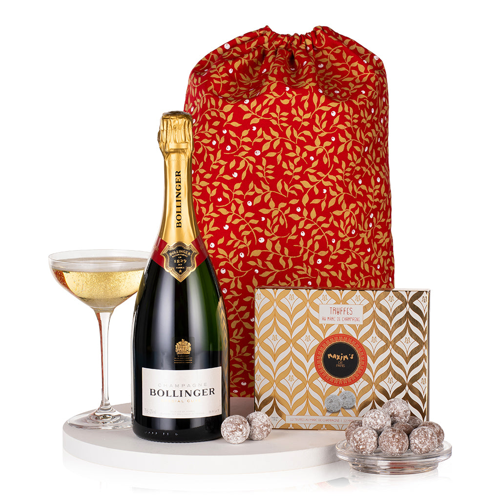 champagne gifts, christmas champagne and chocolates, gifts for UK, gifts delivered, corporate gifting, gift bag, red christmas sack, 