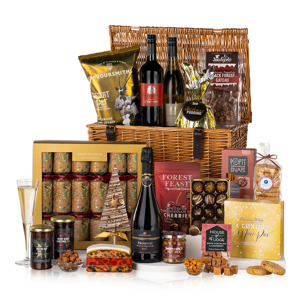 large christmas hamper, gifts delivered, gifts for uk, corporate christmas gift basket, gifts for christmas, food and wine gift basket, christmas crackers and festive treats