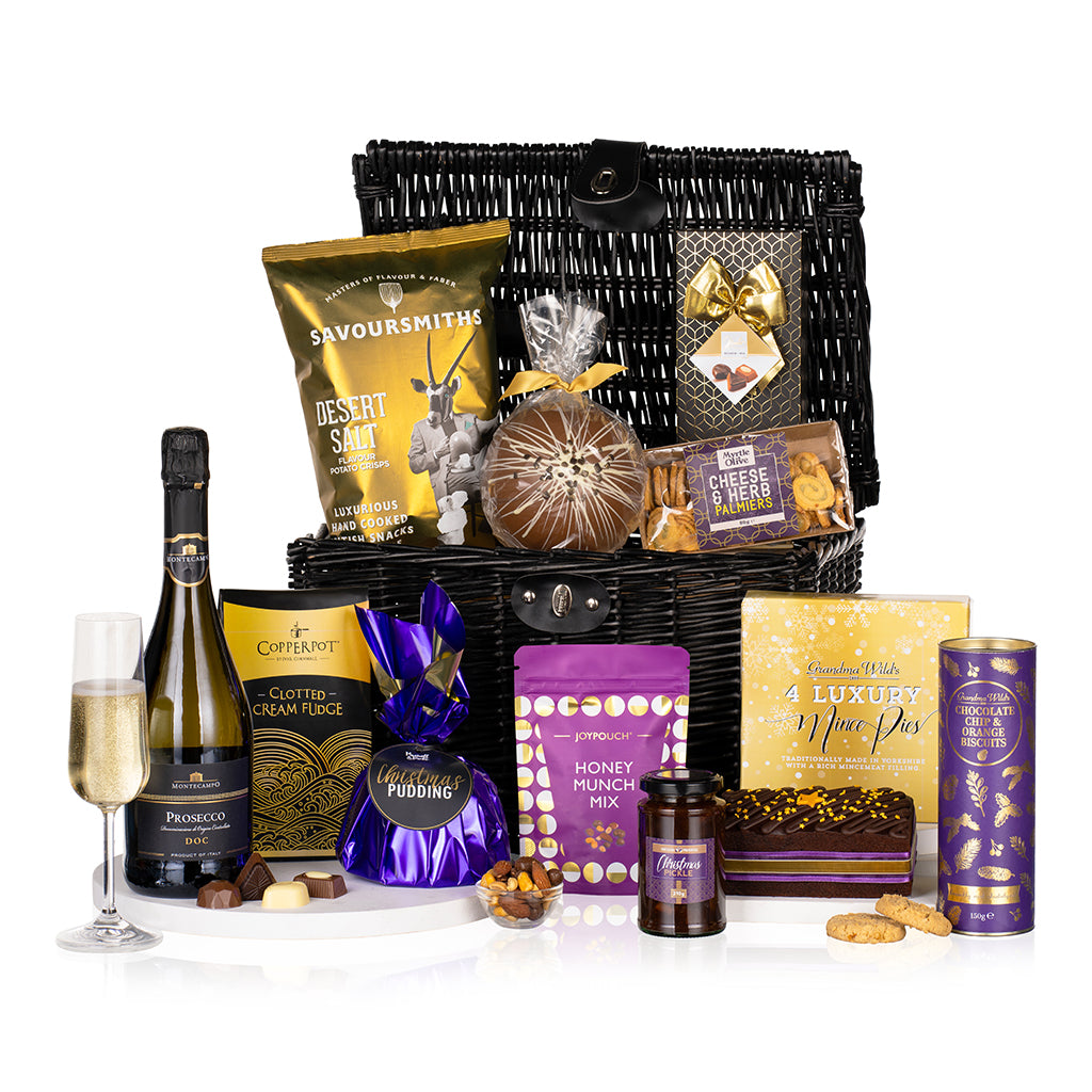 prosecco and snacks gift, UK hampers, gifts for UK, christmas gifts for UK, gifts delivered, chocolate and treats gifts, festive hamper,gift baskets for christmas, gifts for staff, corporate gifts for uk