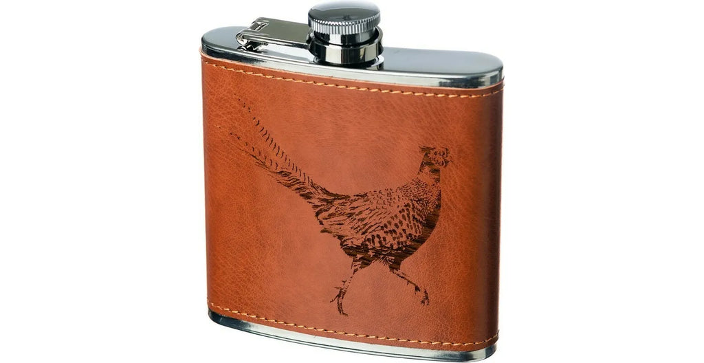 Just Slate Pheasant Engraved Leather Wrapped Hipflask Irish gifts delivered shop local whiskey fathers day. Christmas Gifts for men 