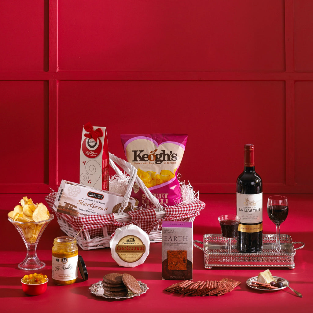 Life's Little Luxuries Gift Basket image. Filled with delightful treats. Great Christmas. Experience our luxury food gifts packaged in Ireland. Featuring the very best of Ireland's produce, our food gifts make the perfect present for any occasion, including weddings and birthdays. Find Irish chocolate gifts, snacks including fine crisps, cakes and cookies, as well as deluxe cheeses and condiments. 