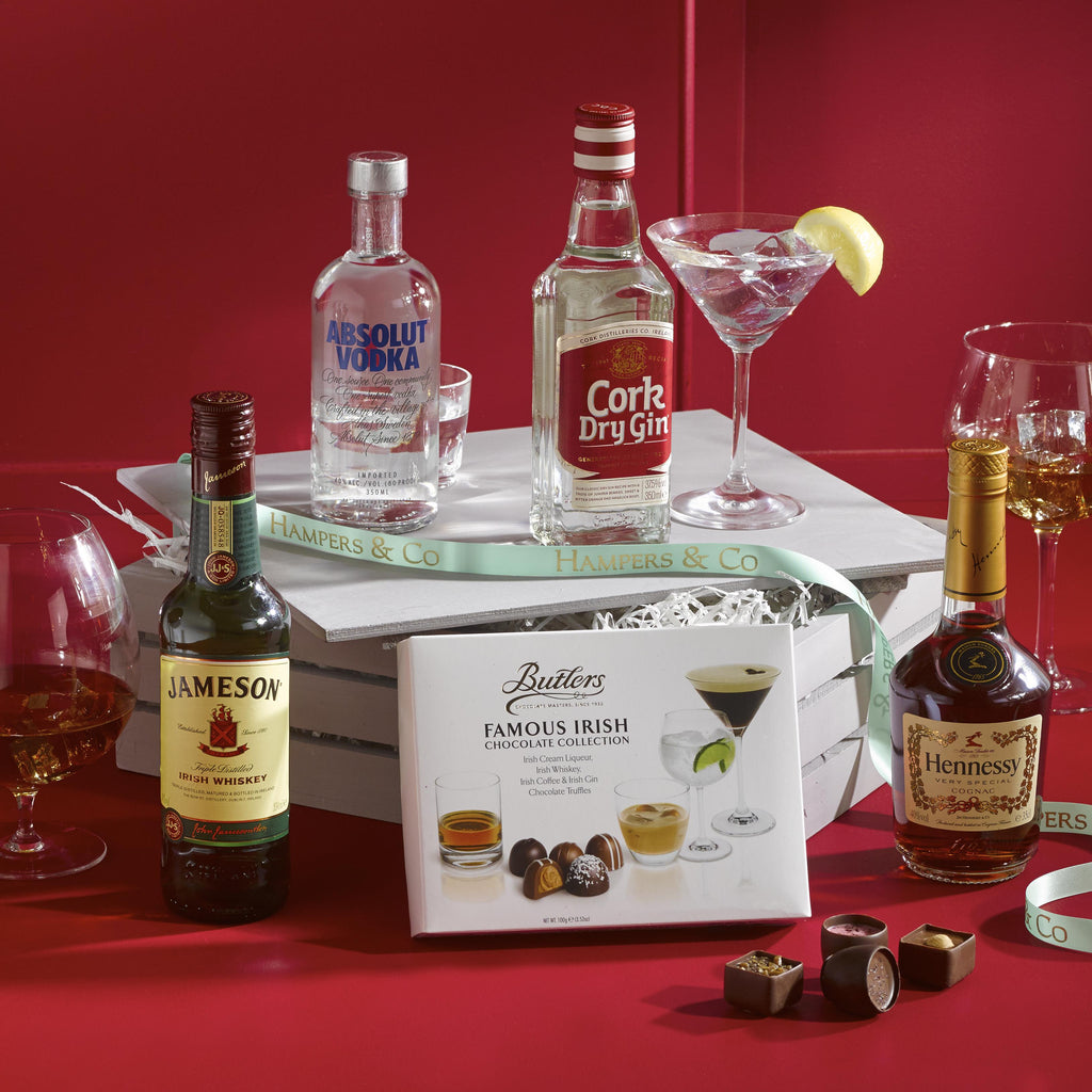 The Little Tipple Gift Crate. Alcohol gifts. Small selection of spirits and chocolate, delivered. Corporate gifts delivered. 