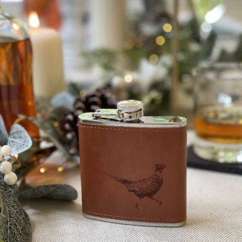 Just Slate Pheasant Engraved Leather Wrapped Hipflask Irish gifts delivered shop local whiskey Gift for men. Retirement Gift. Christmas Gift for him 
