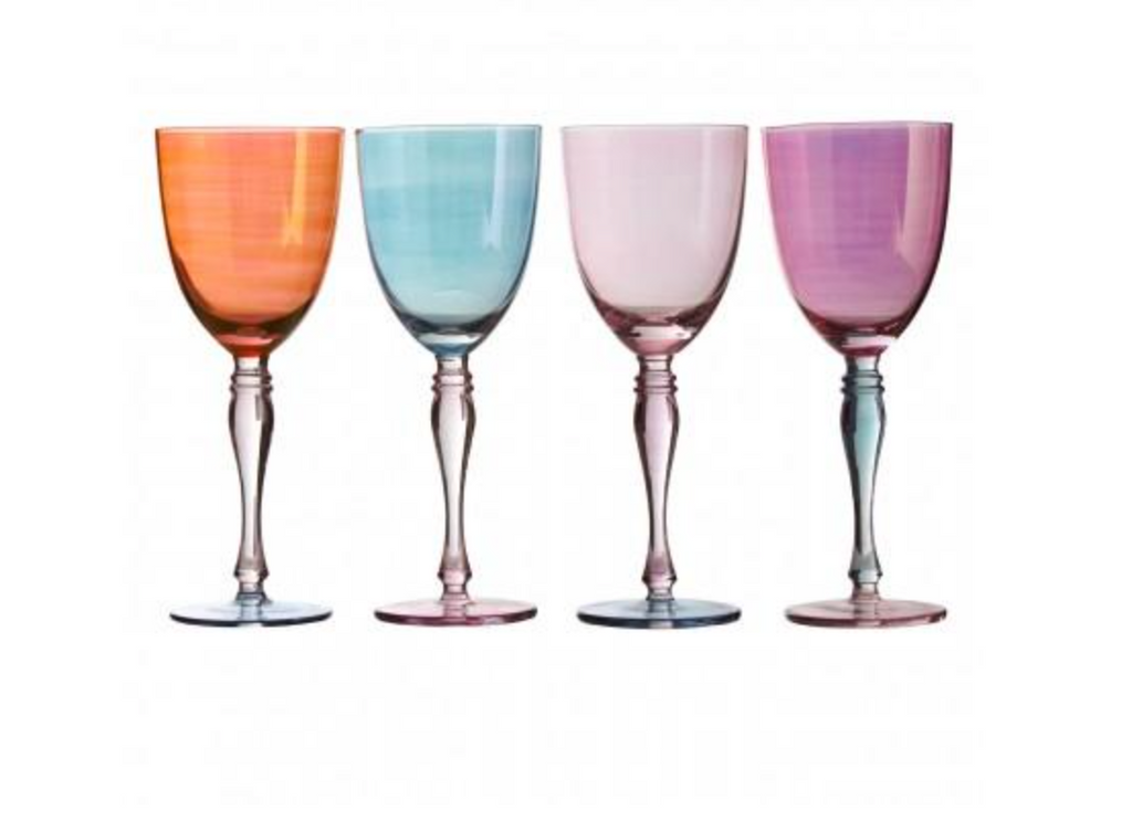 Aurora Wine Glasses – Set of 4. A set of elegant glasses in four beautiful shades. Wine glasses gift delivered.