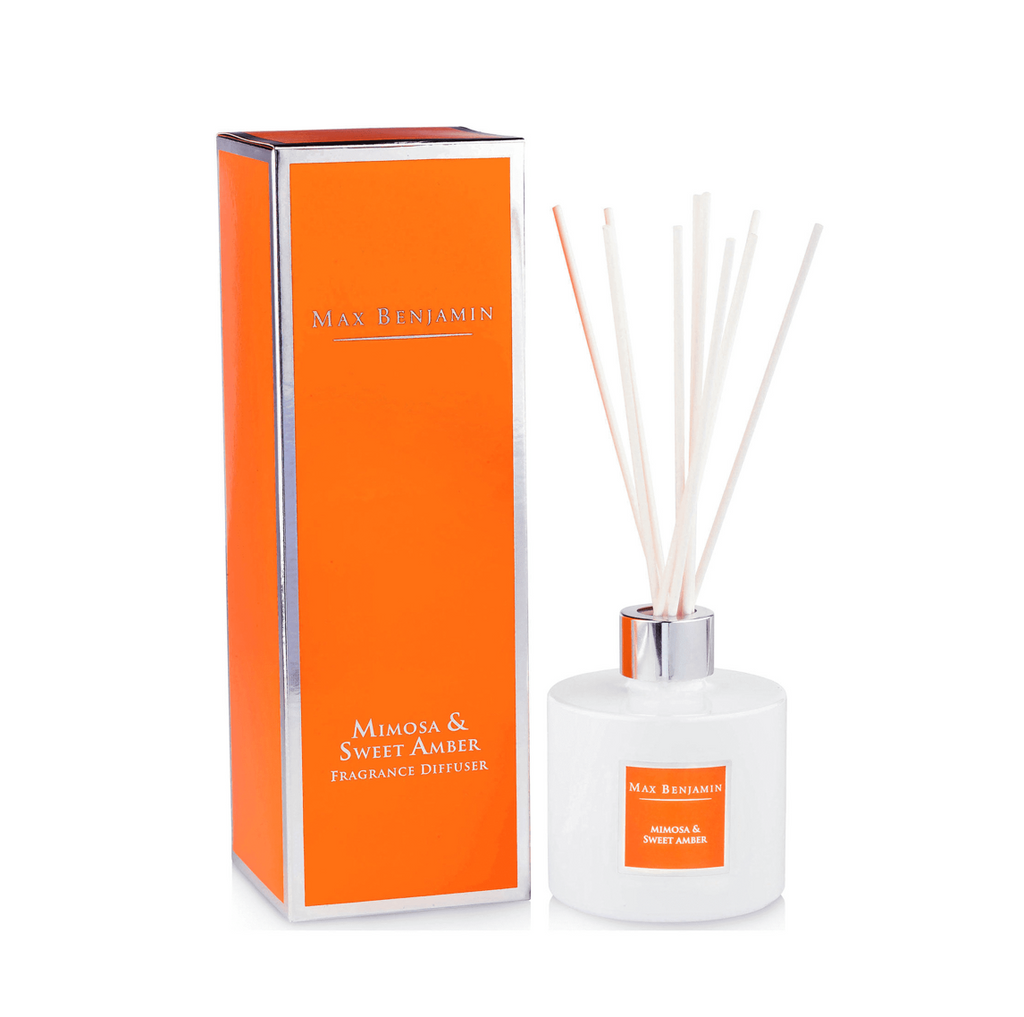 MAX BENJAMIN MIMOSA & SWEET AMBER LUXURY DIFFUSER AND BOX IMAGE. Irish Gift for the home.