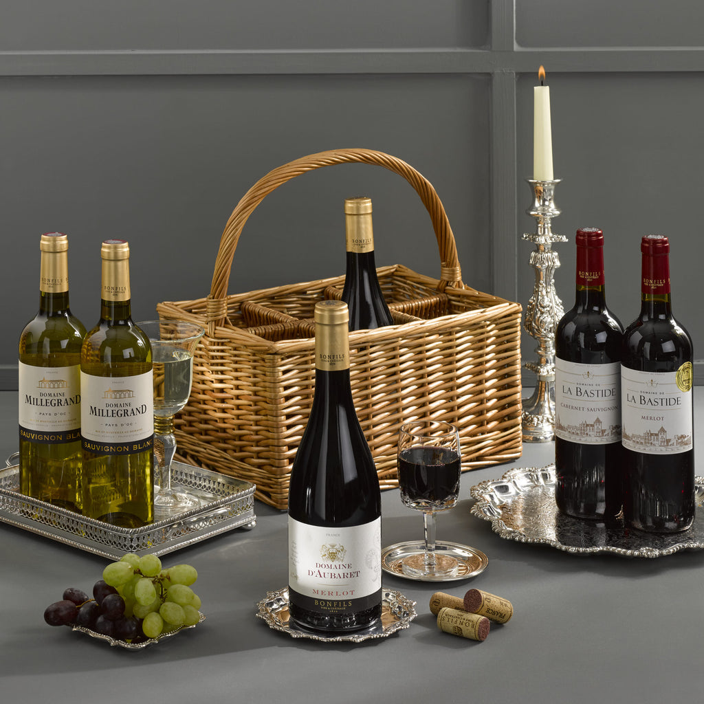 Six Bottle Wine Carrier Gift Basket. Six beautiful wines in a wicker carrier case.. Corporate Wine Gift. Christmas Wine Gift Set 