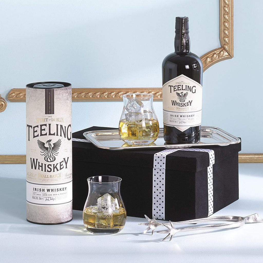 Teeling's Irish Whiskey Gift Box. Contains one 70cl bottle of Teelings Whiskey and 2 engraved Teelings whiskey cups. Irish Whiskey Gift Delivered. Corporate Christmas Gift .Teelings Whiskey Gift 