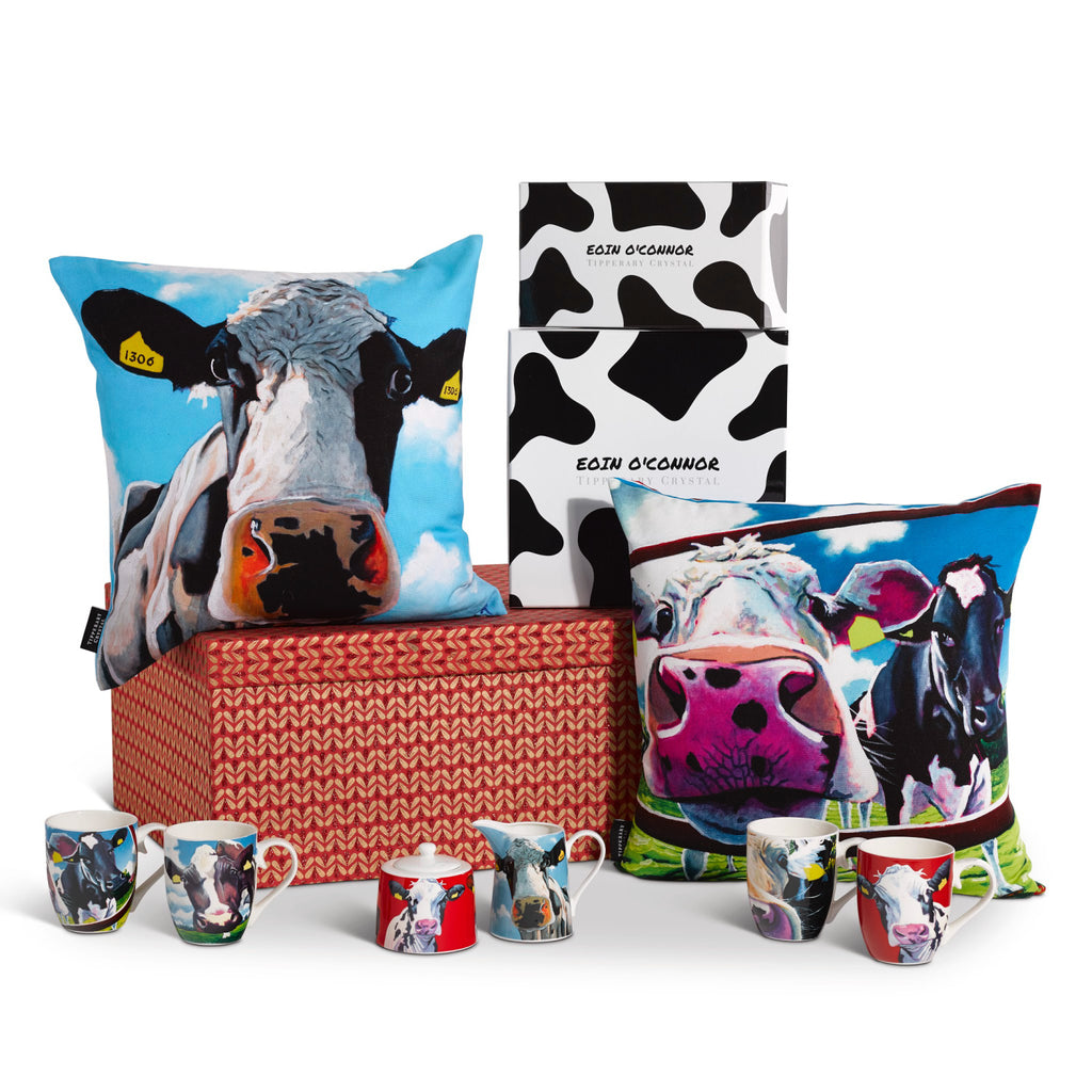 Tipperary Crystal Eoin O Connor Collection. Cow illustrations on mugs and cushions. A great gift for a new home, retirement, or just someone who loves cows! Eoin o connor tinahely girl, eoin o connor breaking boundaries